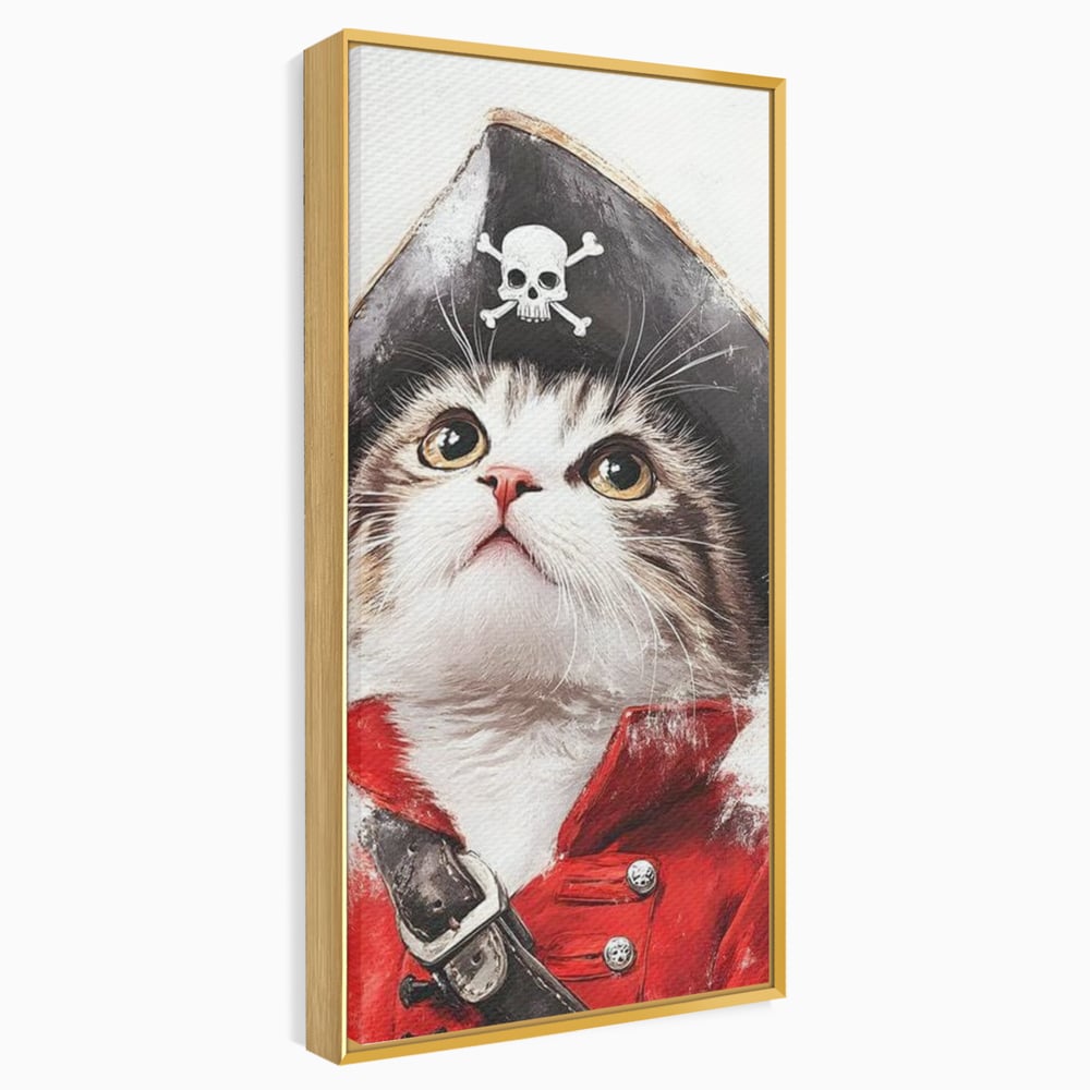 Tablou canvas cu tablou canvas cu motan pirat, in rama de aluminiu auriu